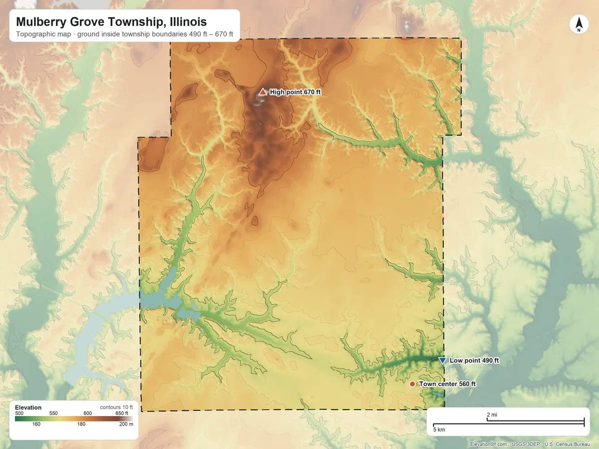 Topographic elevation map of Mulberry Grove Township, Illinois, shaded from 490 ft near the middle to 670 ft on the northwest side