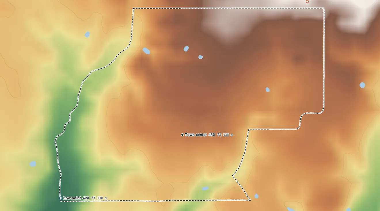 Topographic elevation map of Mulkeytown, Illinois, shaded from 420 ft on the southwest side to 460 ft on the northeast side
