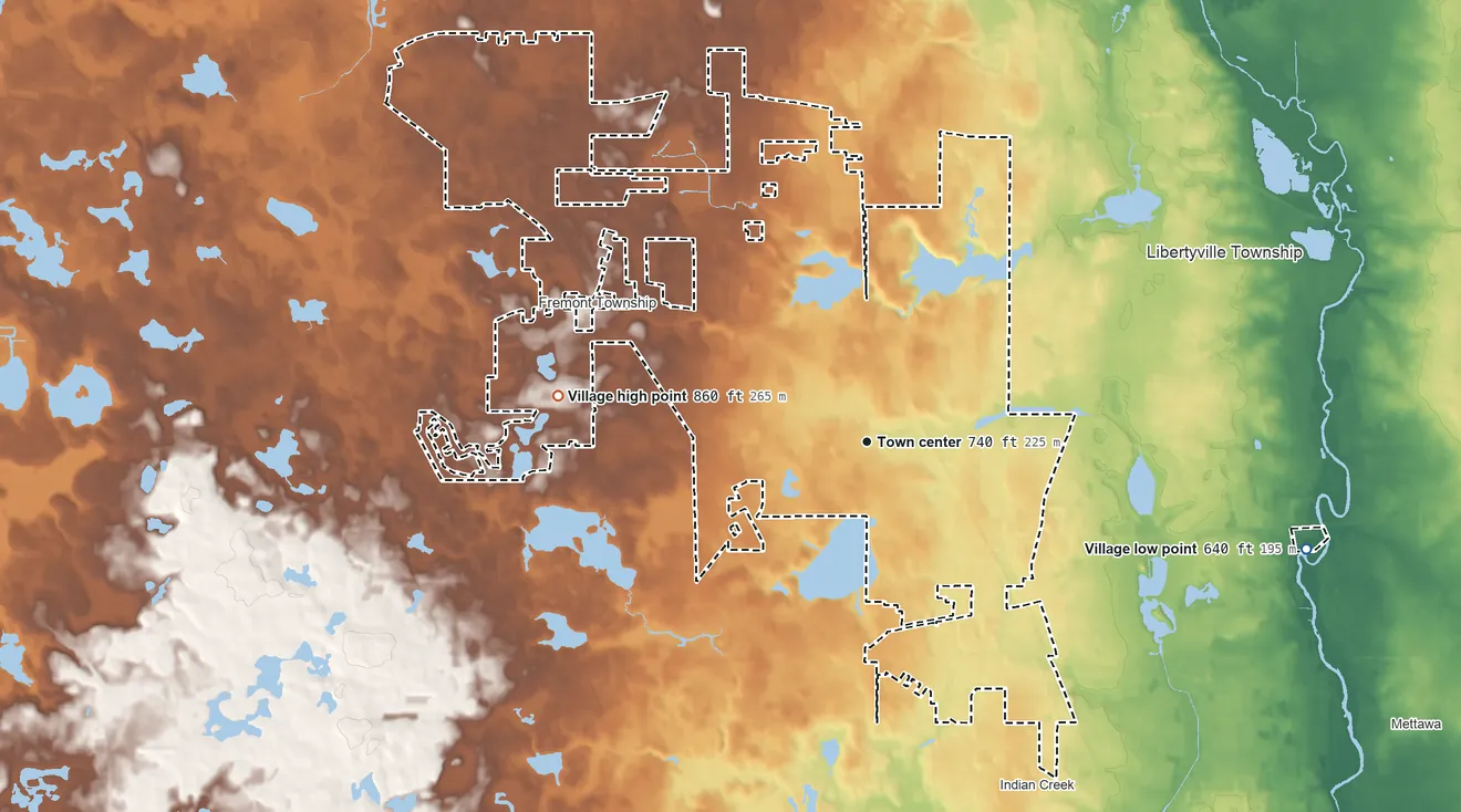 Topographic elevation map of Mundelein, Illinois, shaded from 640 ft on the east side to 860 ft on the west side