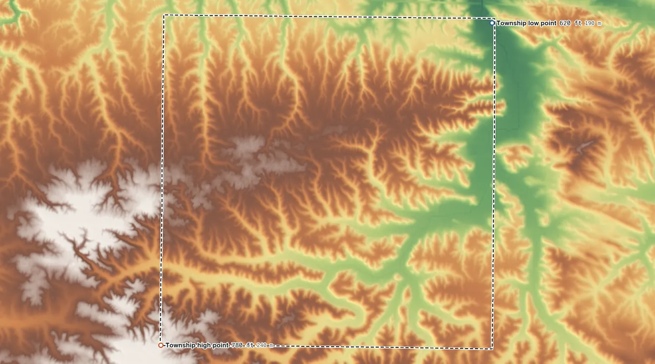 Topographic elevation map of Munson Township, Illinois, shaded from 620 ft on the northeast side to 780 ft on the southwest side