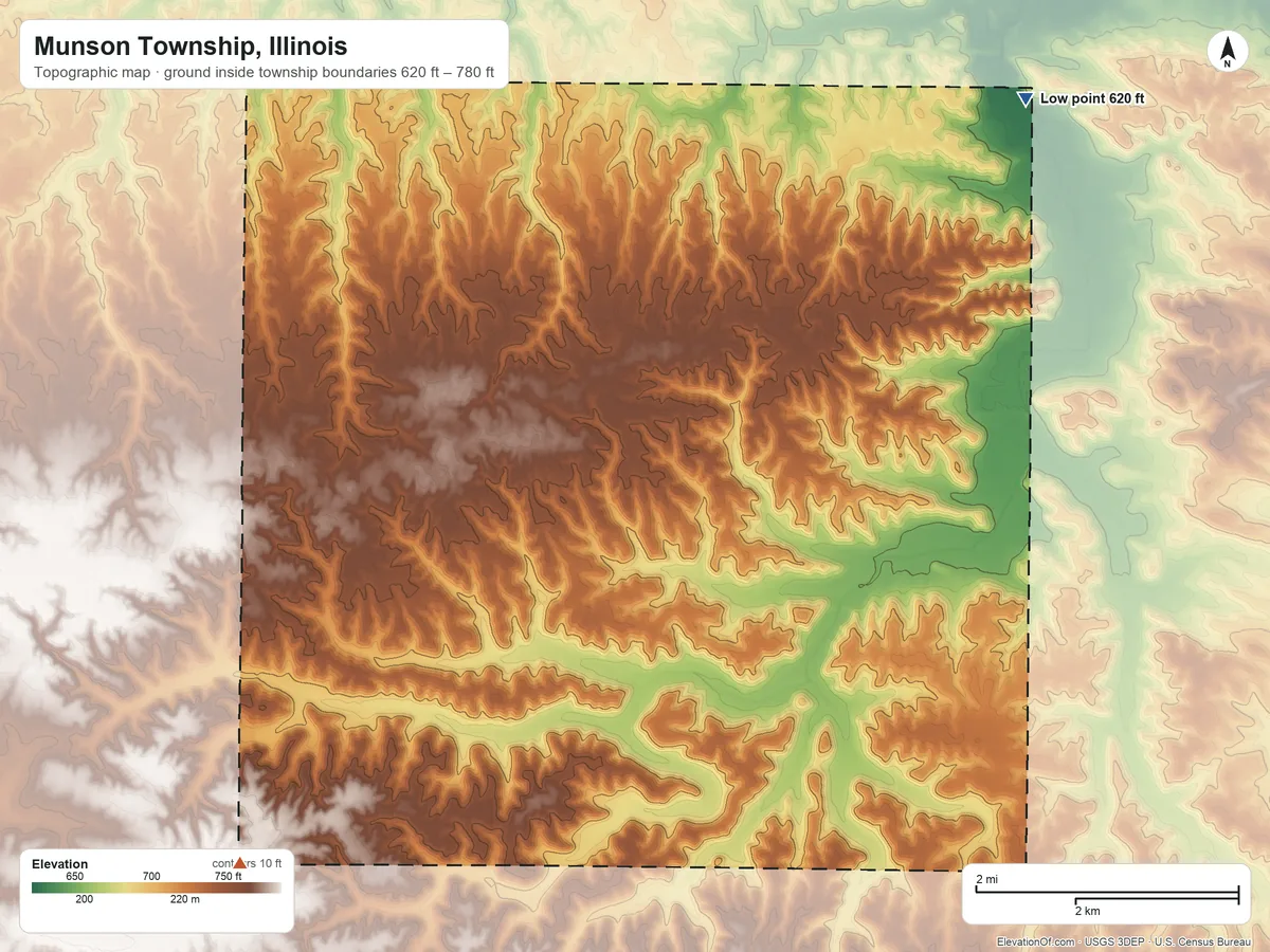 Topographic elevation map of Munson Township, Illinois, shaded from 620 ft on the northeast side to 780 ft on the southwest side