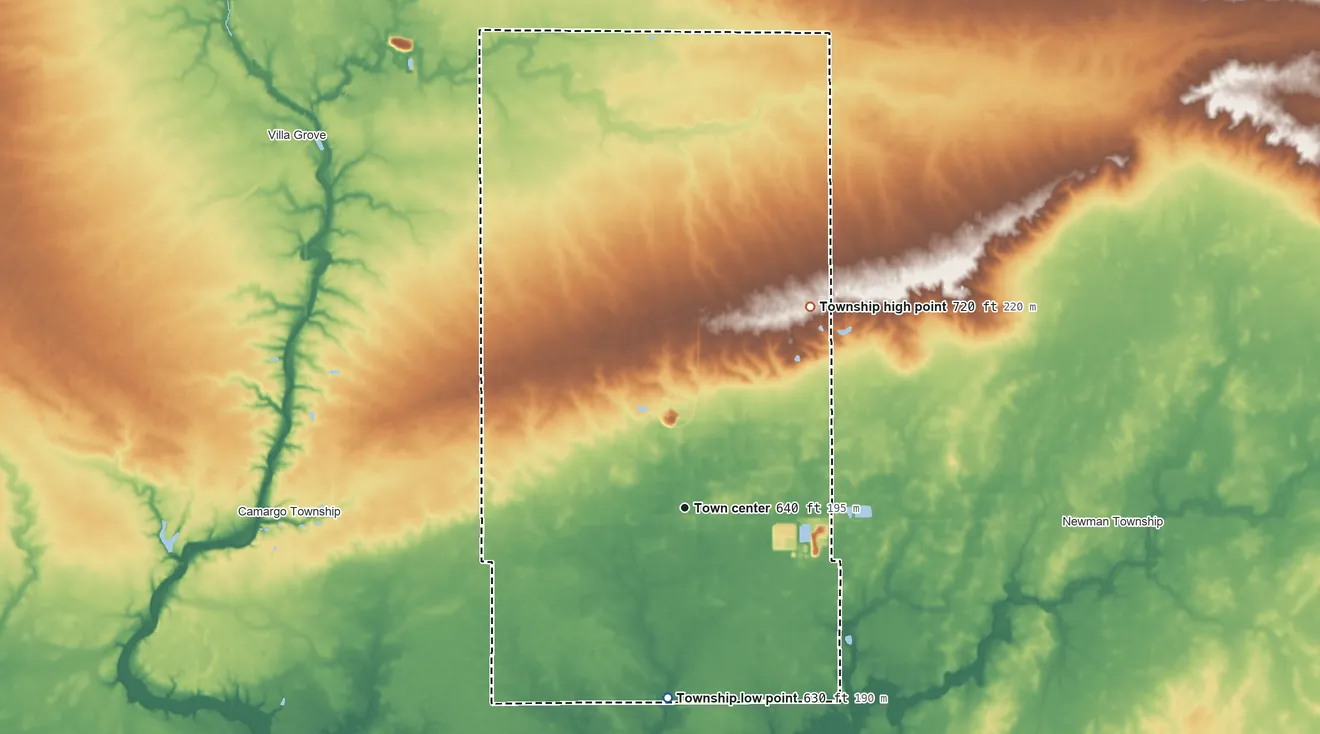 Topographic elevation map of Murdock Township, Illinois, shaded from 630 ft on the south side to 720 ft on the northeast side