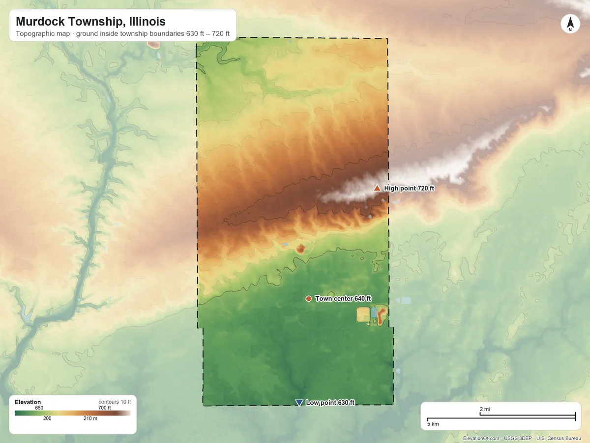 Topographic elevation map of Murdock Township, Illinois, shaded from 630 ft on the south side to 720 ft on the northeast side