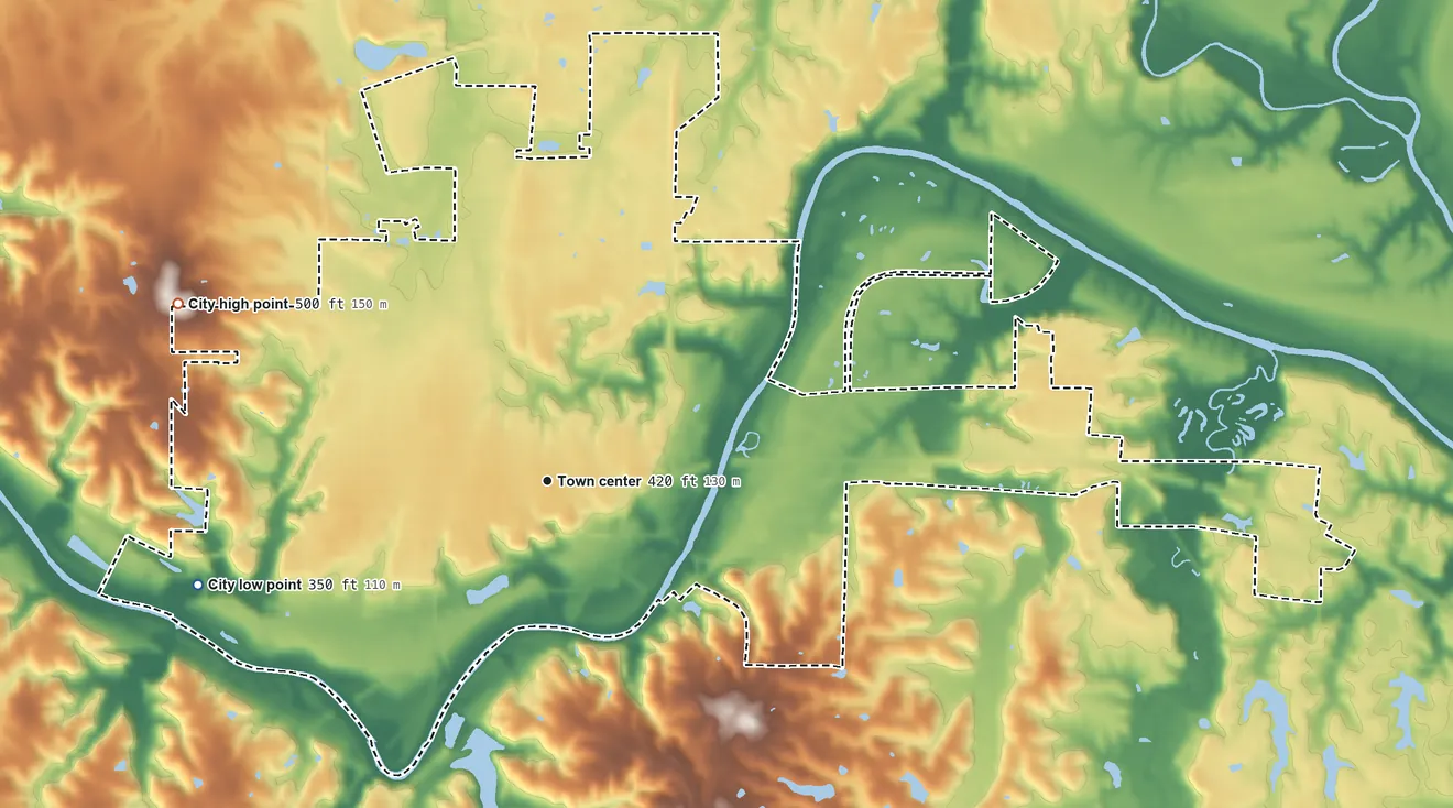 Topographic elevation map of Murphysboro, Illinois, shaded from 350 ft on the west side to 500 ft on the northwest side