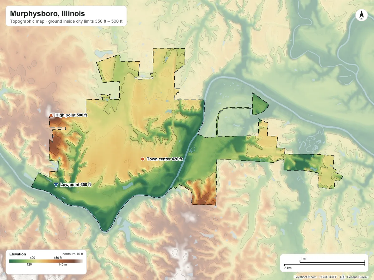 Topographic elevation map of Murphysboro, Illinois, shaded from 350 ft on the west side to 500 ft on the northwest side
