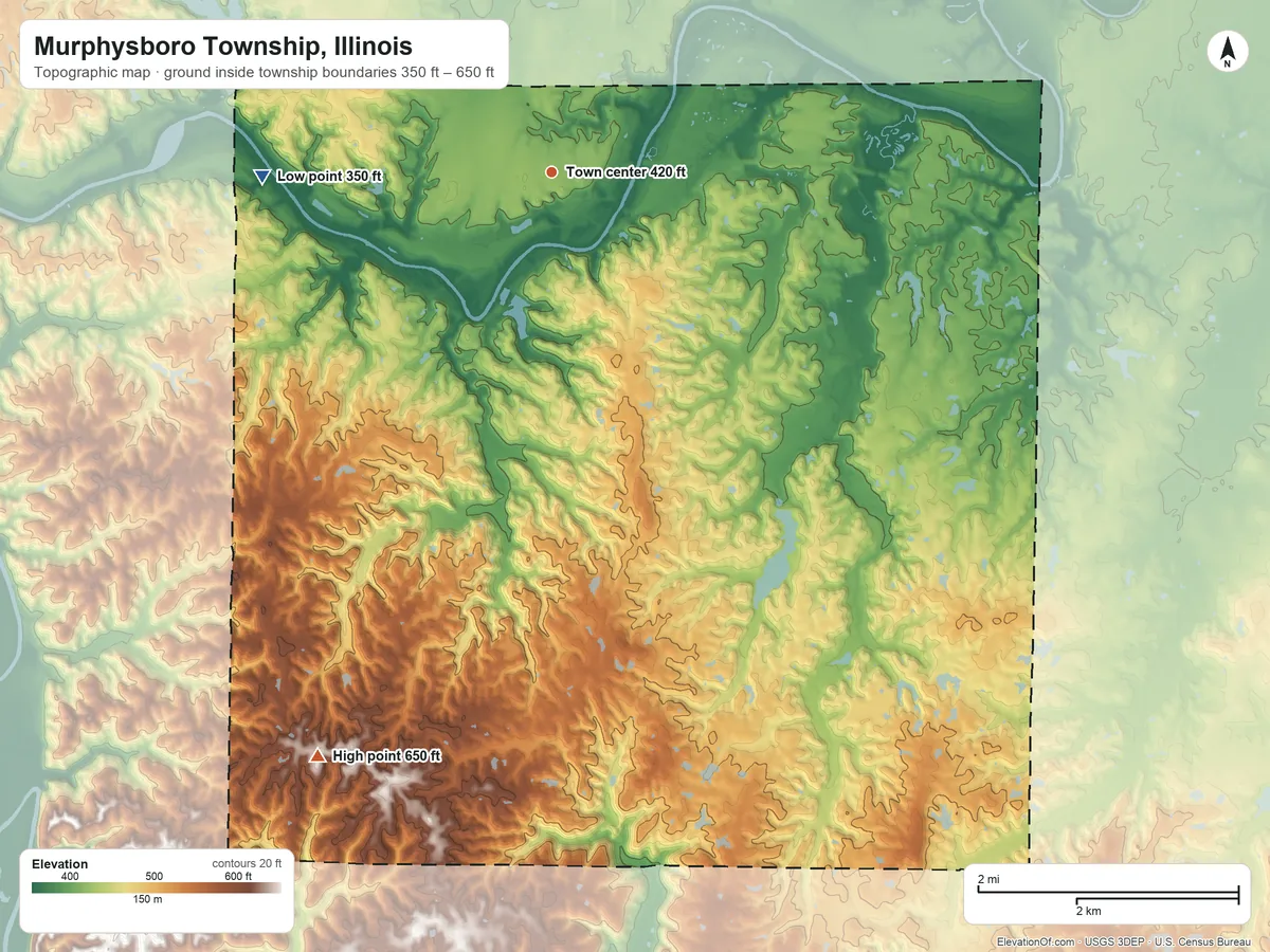 Topographic elevation map of Murphysboro Township, Illinois, shaded from 350 ft on the west side to 650 ft on the south side