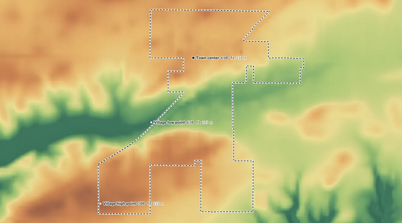 Topographic elevation map of Murrayville, Illinois, shaded from 670 ft on the southwest side to 700 ft on the southwest side