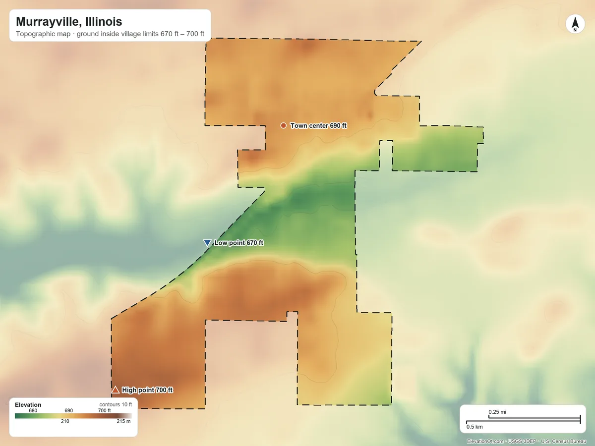 Topographic elevation map of Murrayville, Illinois, shaded from 670 ft on the southwest side to 700 ft on the southwest side