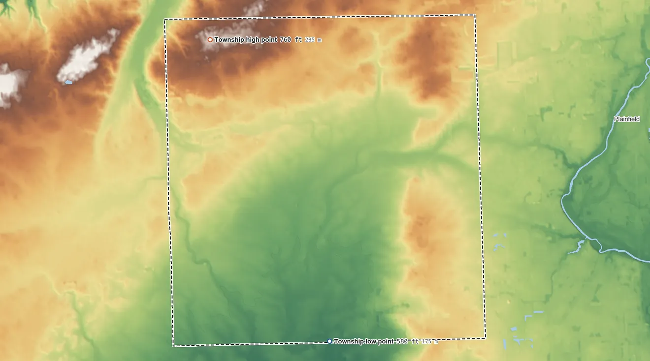 Topographic elevation map of Na-Au-Say Township, Illinois, shaded from 580 ft on the southwest side to 760 ft on the northwest side