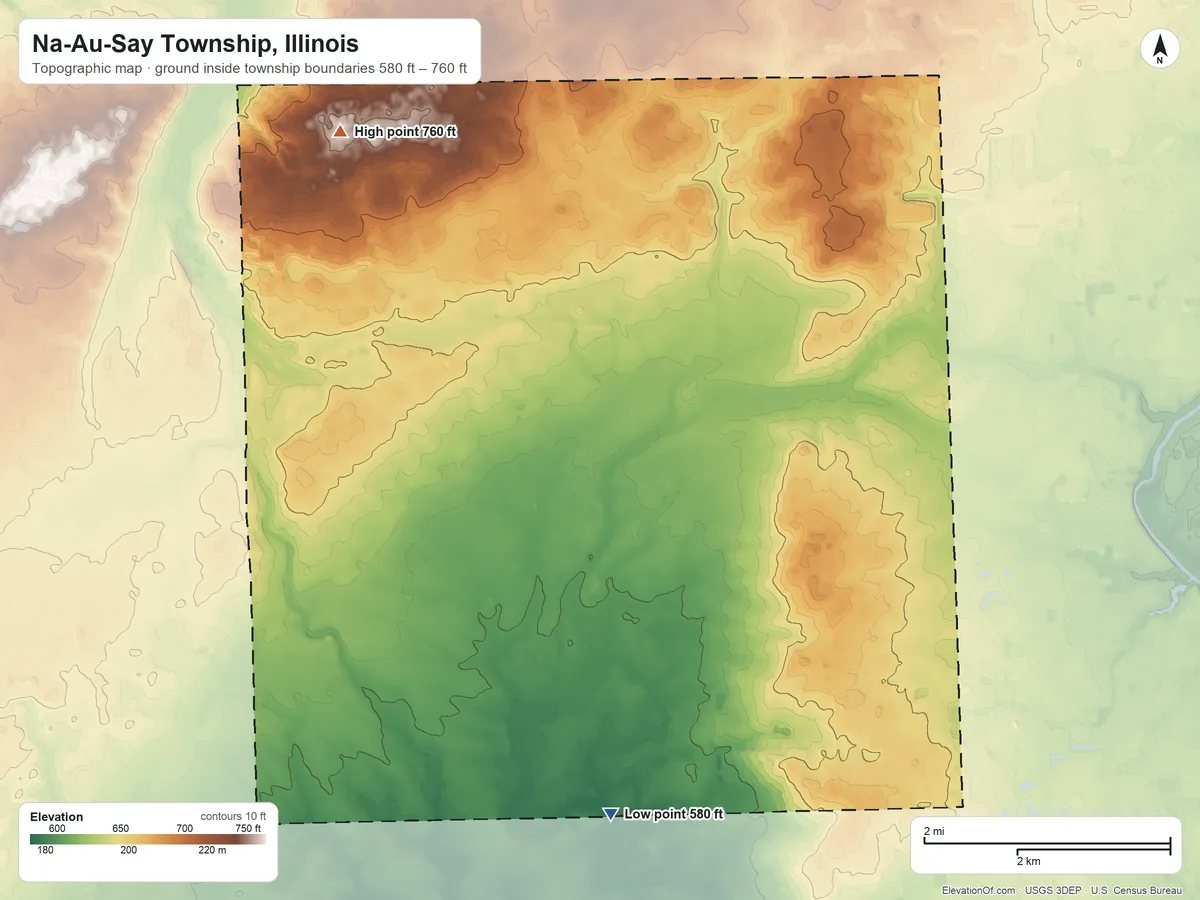 Topographic elevation map of Na-Au-Say Township, Illinois, shaded from 580 ft on the southwest side to 760 ft on the northwest side