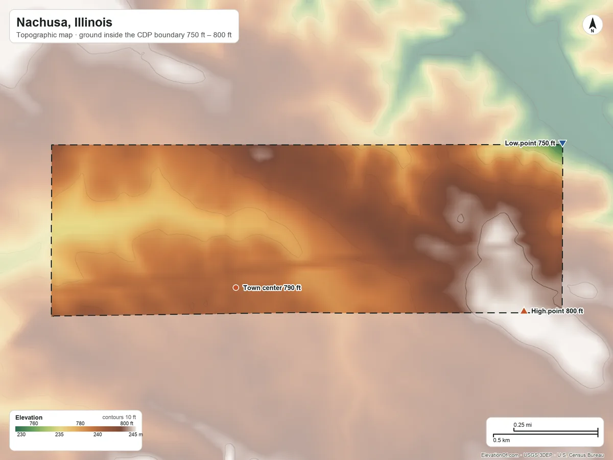 Topographic elevation map of Nachusa, Illinois, shaded from 750 ft on the northeast side to 800 ft on the east side