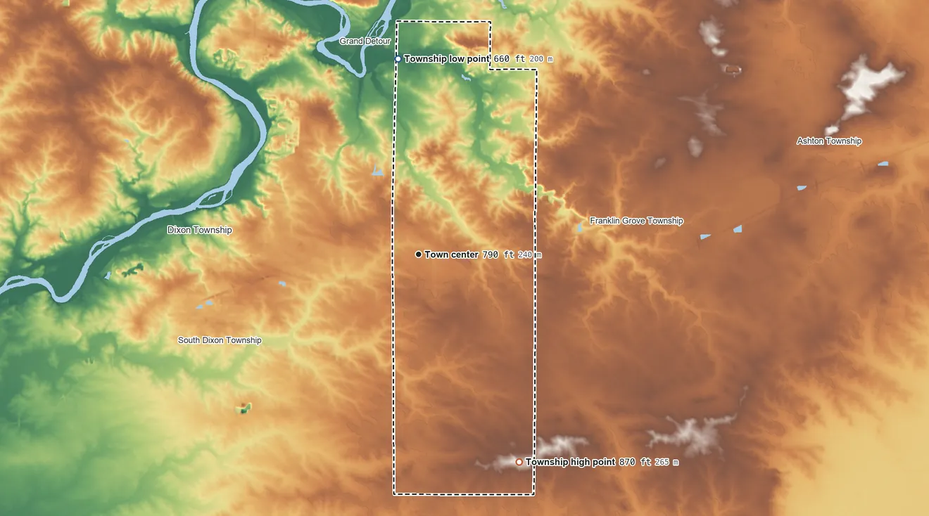 Topographic elevation map of Nachusa Township, Illinois, shaded from 660 ft on the north side to 870 ft on the southeast side