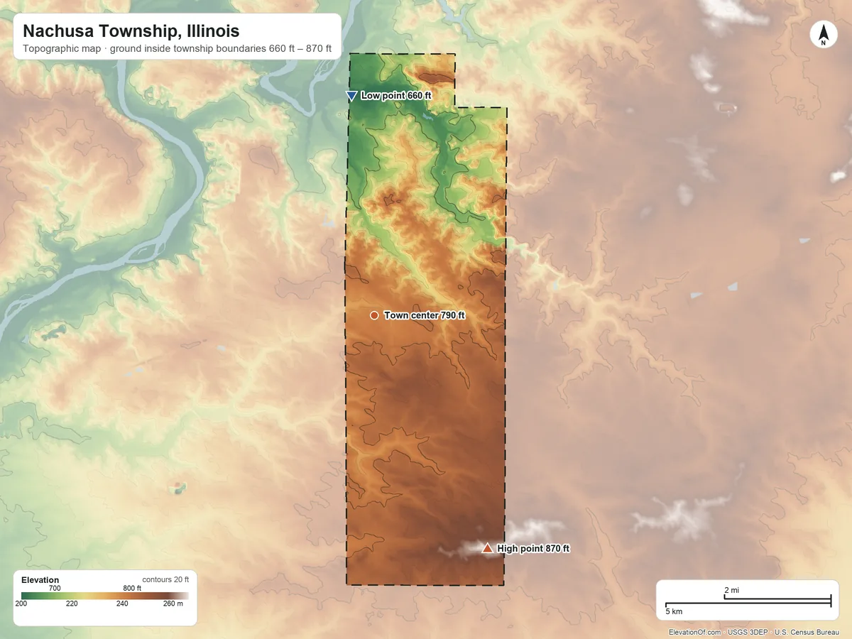 Topographic elevation map of Nachusa Township, Illinois, shaded from 660 ft on the north side to 870 ft on the southeast side