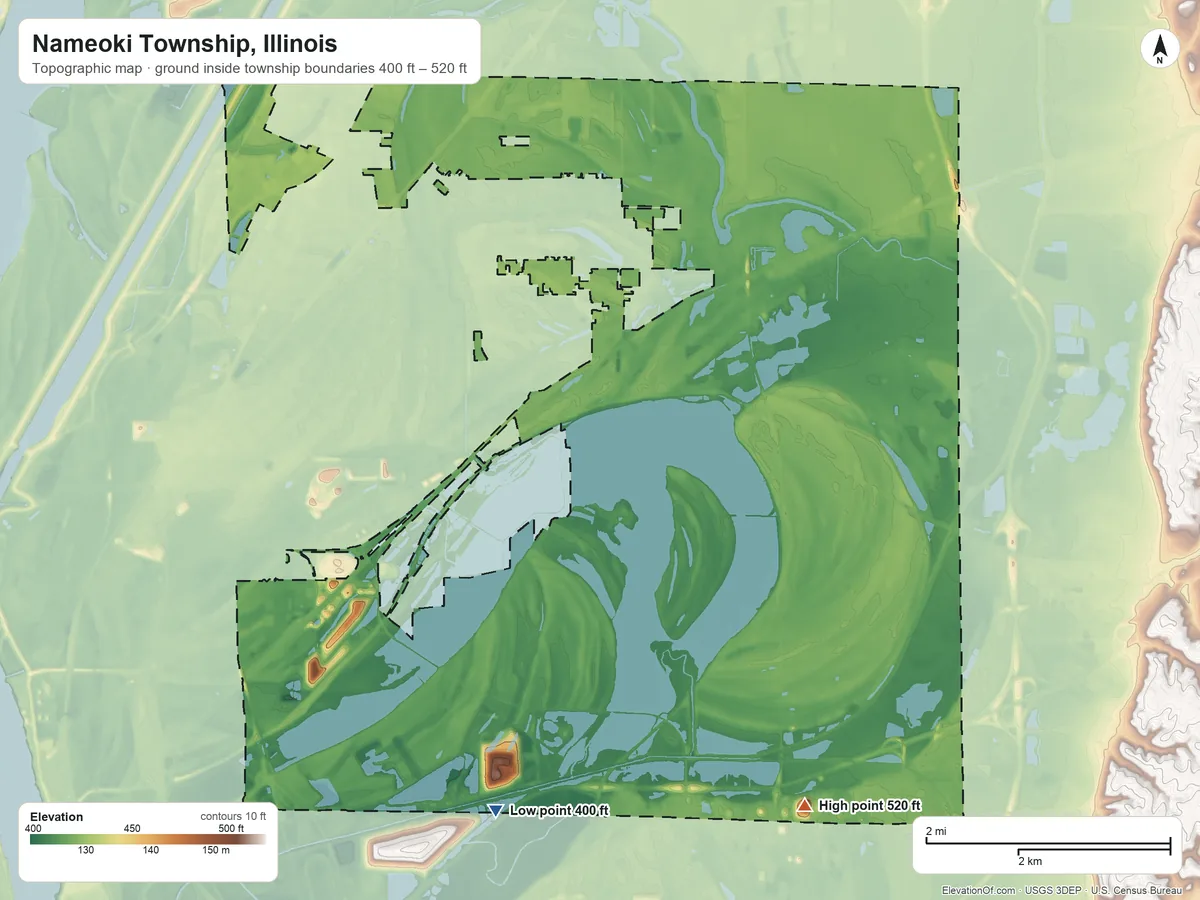 Topographic elevation map of Nameoki Township, Illinois, shaded from 400 ft on the south side to 520 ft on Monks Mound