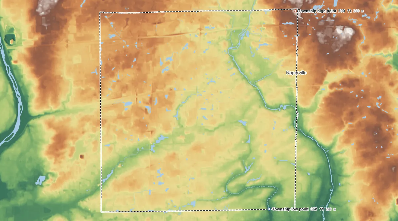 Topographic elevation map of Naperville Township, Illinois, shaded from 650 ft on the southeast side to 790 ft on the northeast side