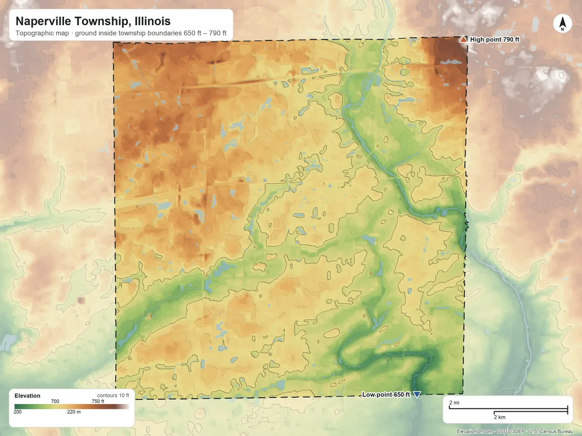 Topographic elevation map of Naperville Township, Illinois, shaded from 650 ft on the southeast side to 790 ft on the northeast side