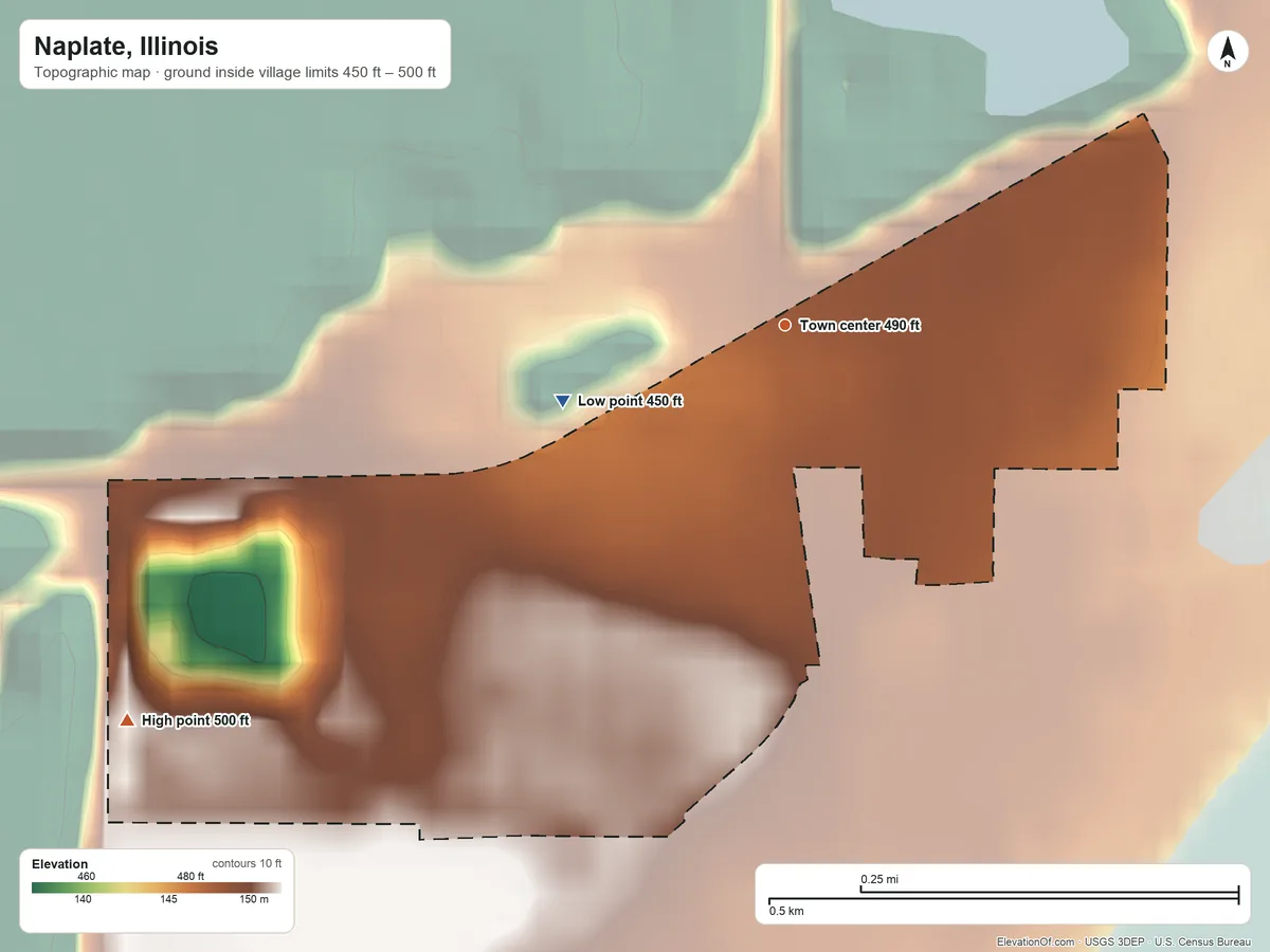 Topographic elevation map of Naplate, Illinois, shaded from 450 ft on the west side to 500 ft on the southwest side