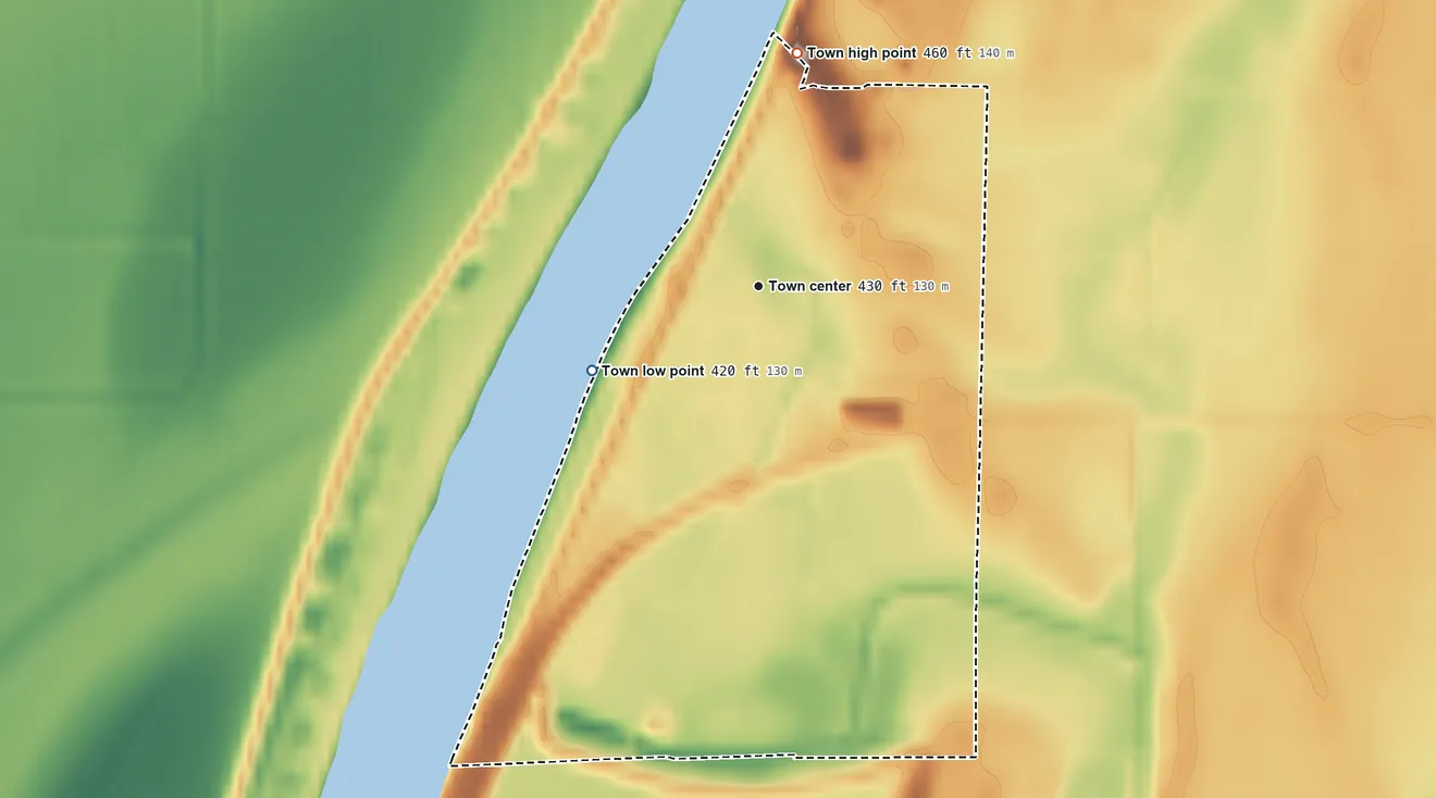 Topographic elevation map of Naples, Illinois, shaded from 420 ft on the southwest side to 460 ft on the north side