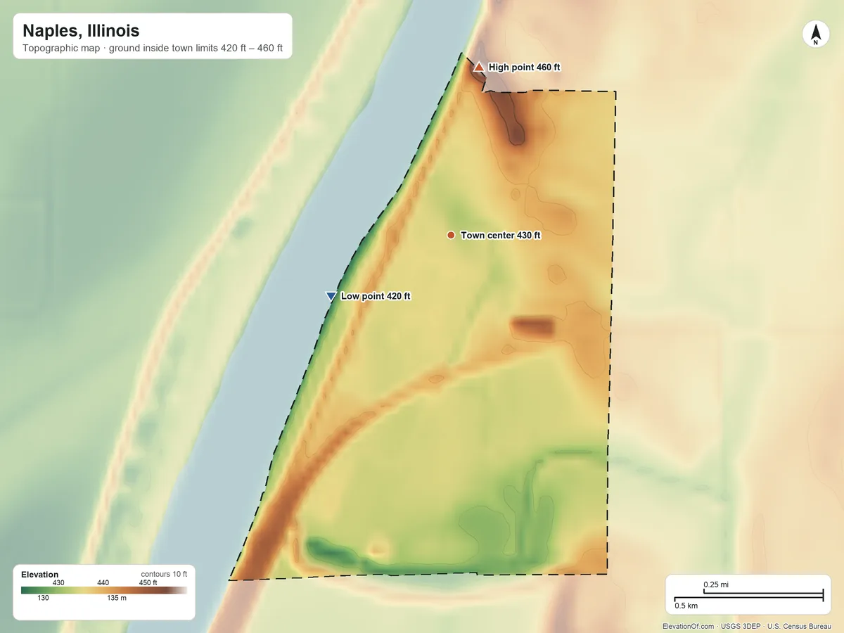 Topographic elevation map of Naples, Illinois, shaded from 420 ft on the southwest side to 460 ft on the north side