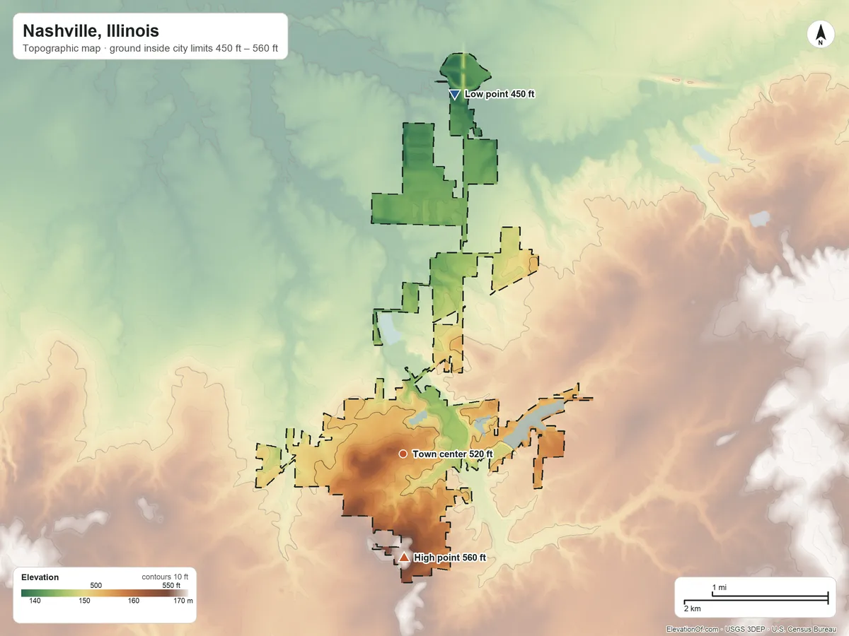 Topographic elevation map of Nashville, Illinois, shaded from 450 ft on the north side to 560 ft on the south side