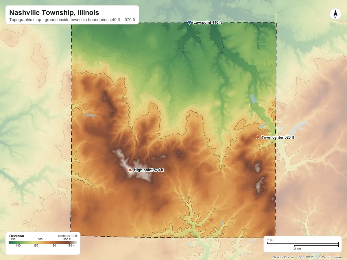 Topographic elevation map of Nashville Township, Illinois, shaded from 440 ft on the northwest side to 570 ft on the west side