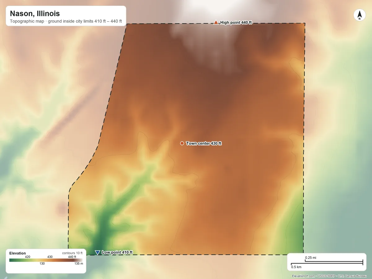 Topographic elevation map of Nason, Illinois, shaded from 410 ft on the southwest side to 440 ft on the north side