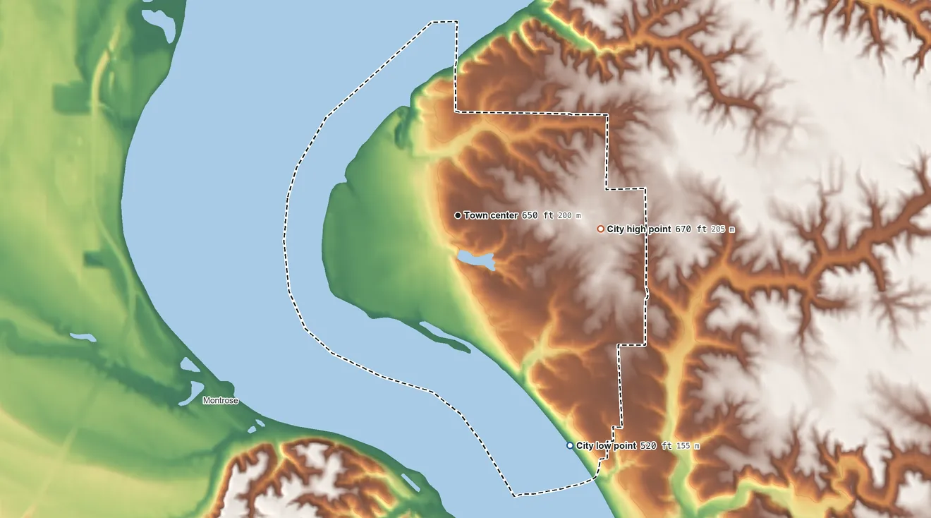 Topographic elevation map of Nauvoo, Illinois, shaded from 520 ft on the southeast side to 670 ft on the east side