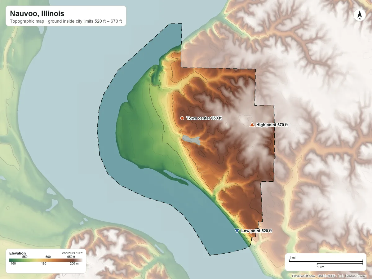 Topographic elevation map of Nauvoo, Illinois, shaded from 520 ft on the southeast side to 670 ft on the east side
