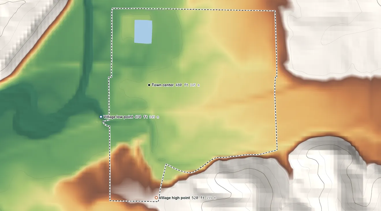 Topographic elevation map of Nebo, Illinois, shaded from 470 ft on the southwest side to 520 ft on the south side