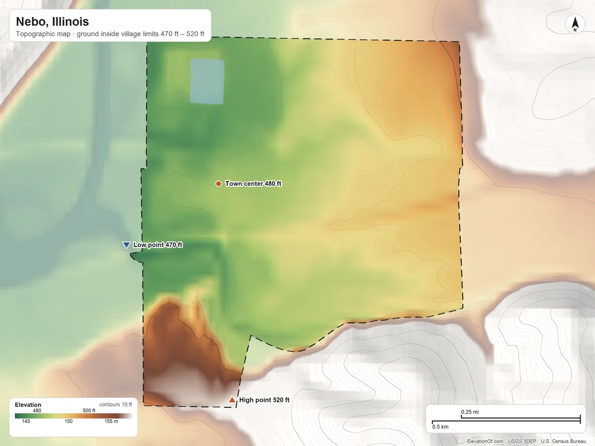 Topographic elevation map of Nebo, Illinois, shaded from 470 ft on the southwest side to 520 ft on the south side