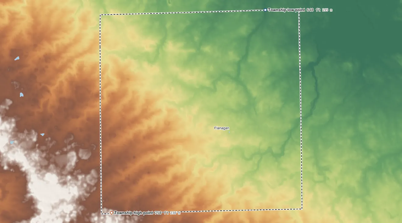 Topographic elevation map of Nebraska Township, Illinois, shaded from 640 ft on the north side to 750 ft on the southwest side