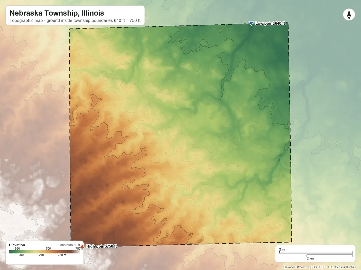 Topographic elevation map of Nebraska Township, Illinois, shaded from 640 ft on the north side to 750 ft on the southwest side