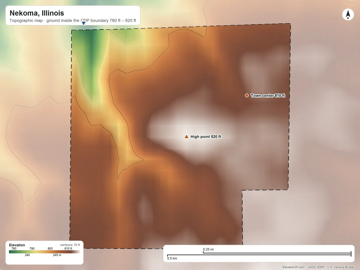 Topographic elevation map of Nekoma, Illinois, shaded from 780 ft on the northwest side to 820 ft on the southwest side
