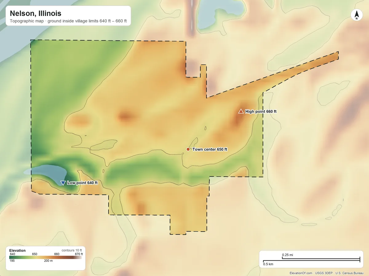 Topographic elevation map of Nelson, Illinois, shaded from 640 ft on the west side to 660 ft on the northeast side