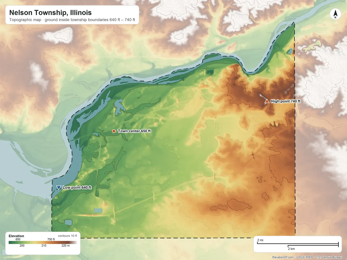 Topographic elevation map of Nelson Township, Illinois, shaded from 640 ft on the southwest side to 740 ft on the east side