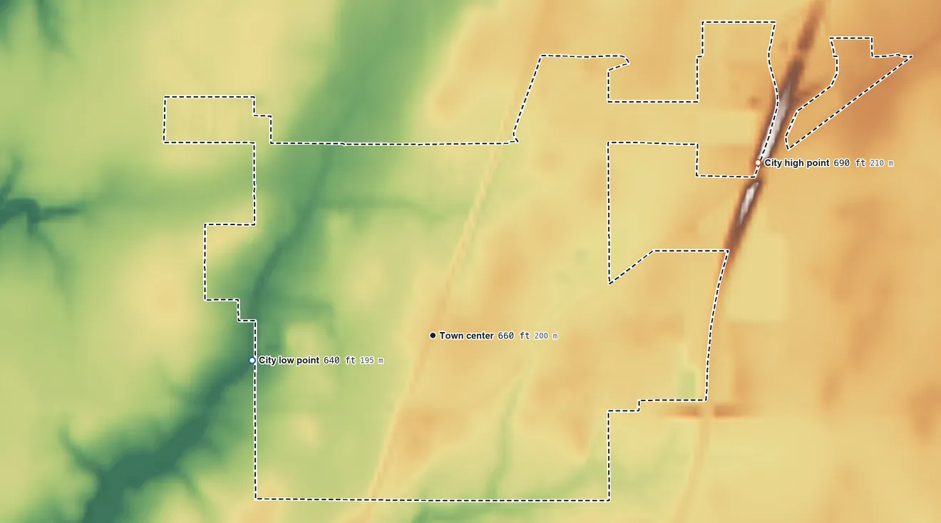 Topographic elevation map of Neoga, Illinois, shaded from 640 ft on the west side to 690 ft on the northeast side