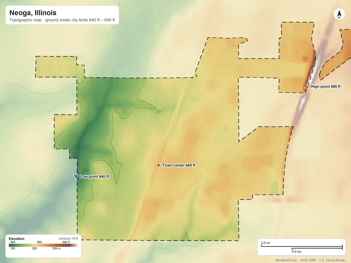 Topographic elevation map of Neoga, Illinois, shaded from 640 ft on the west side to 690 ft on the northeast side