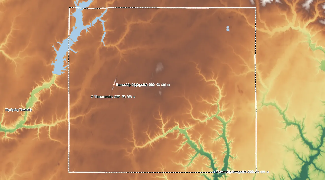Topographic elevation map of Neoga Township, Illinois, shaded from 560 ft on the southeast side to 690 ft near the middle