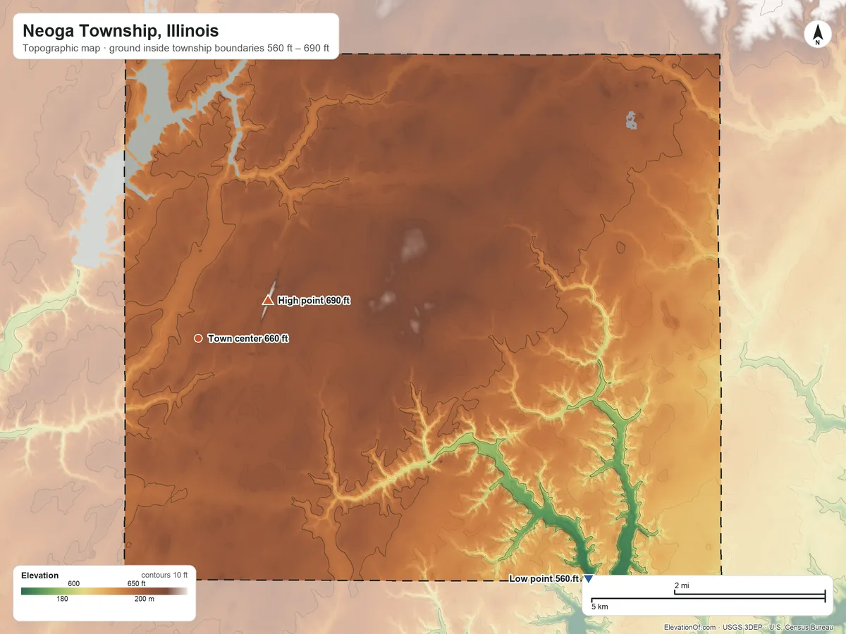 Topographic elevation map of Neoga Township, Illinois, shaded from 560 ft on the southeast side to 690 ft near the middle