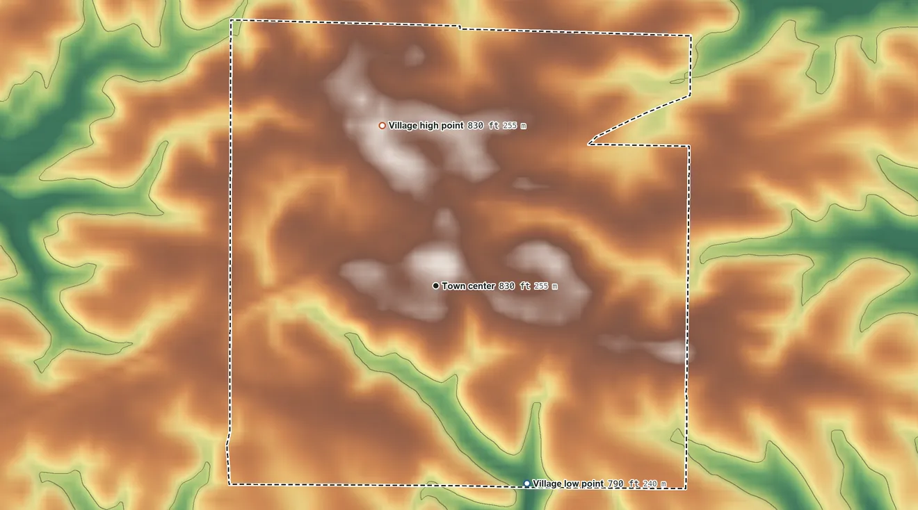 Topographic elevation map of Neponset, Illinois, shaded from 790 ft on the southeast side to 830 ft on the north side