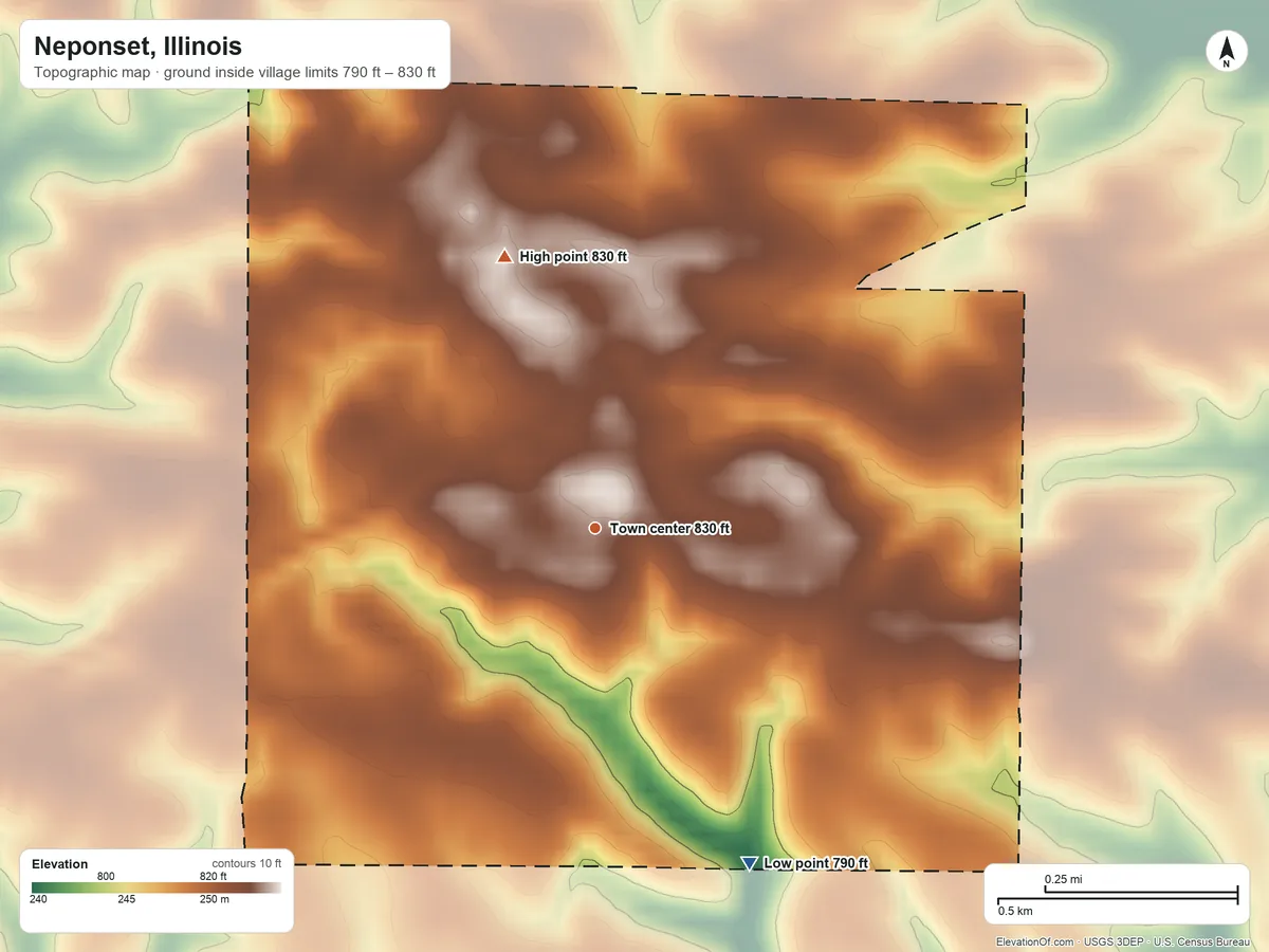 Topographic elevation map of Neponset, Illinois, shaded from 790 ft on the southeast side to 830 ft on the north side