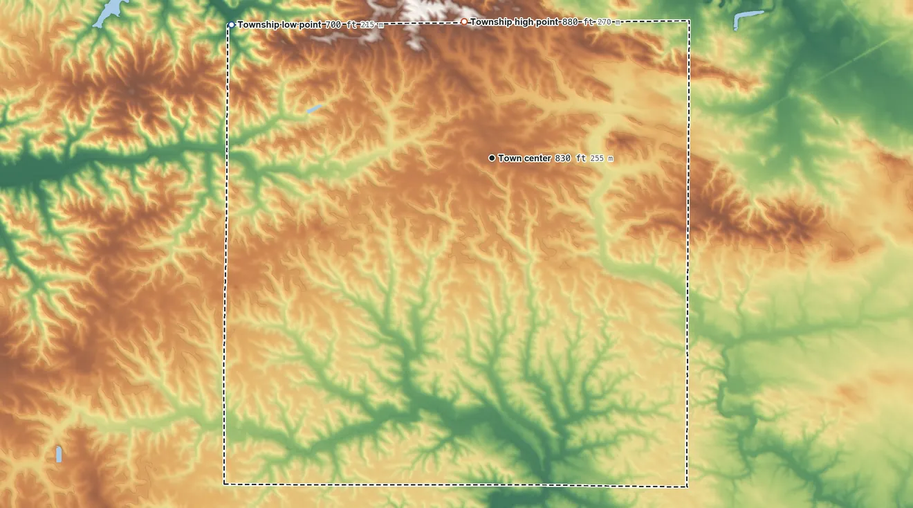 Topographic elevation map of Neponset Township, Illinois, shaded from 700 ft on the northwest side to 880 ft on the north side