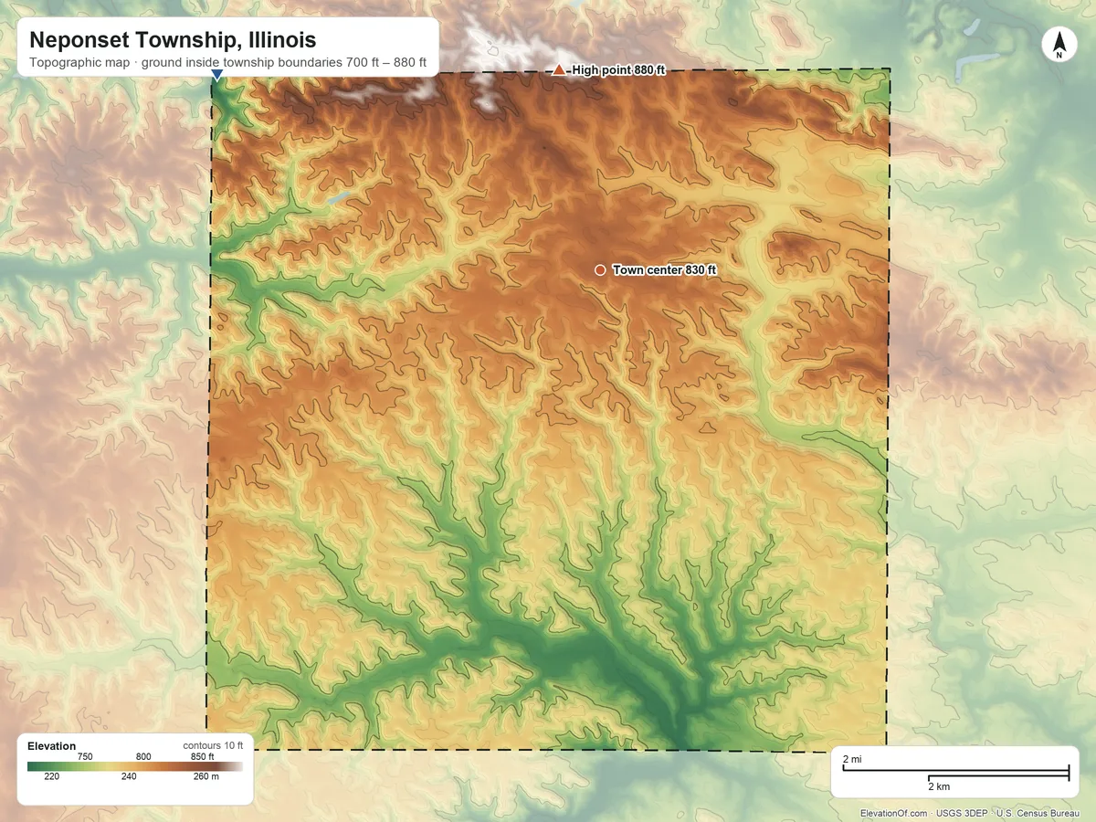 Topographic elevation map of Neponset Township, Illinois, shaded from 700 ft on the northwest side to 880 ft on the north side