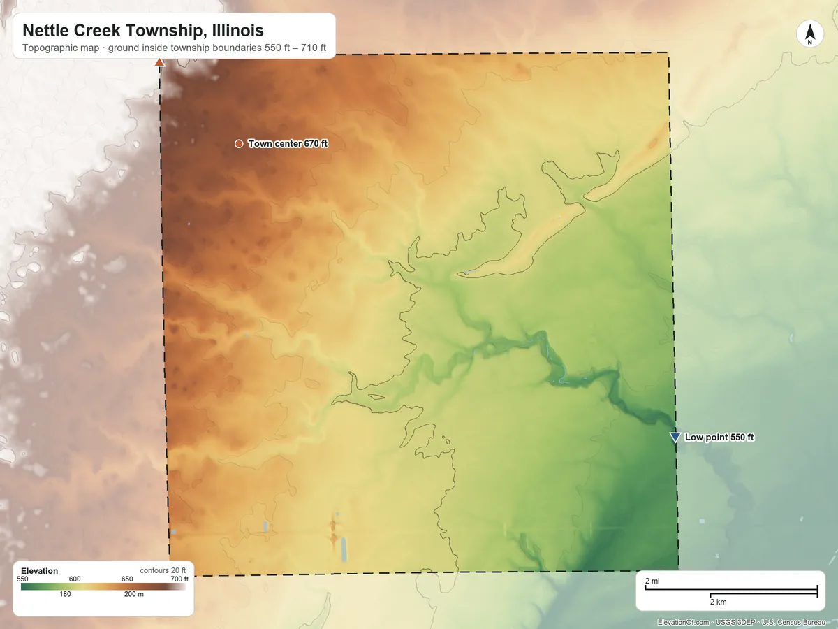 Topographic elevation map of Nettle Creek Township, Illinois, shaded from 550 ft on the southeast side to 710 ft on the northwest side