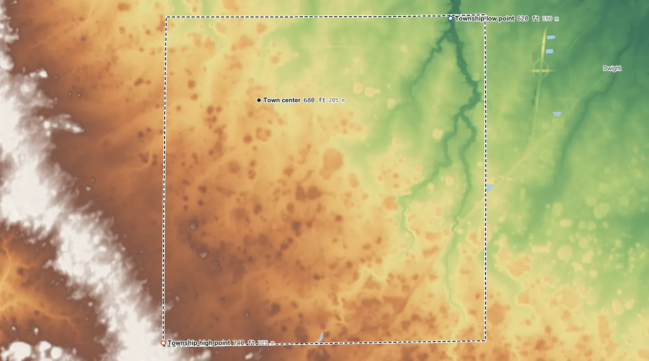 Topographic elevation map of Nevada Township, Illinois, shaded from 620 ft on the northeast side to 740 ft on the south side