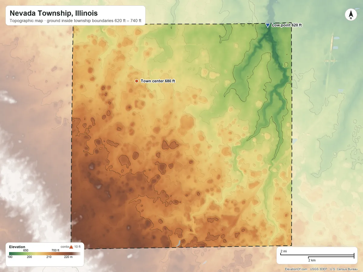 Topographic elevation map of Nevada Township, Illinois, shaded from 620 ft on the northeast side to 740 ft on the south side