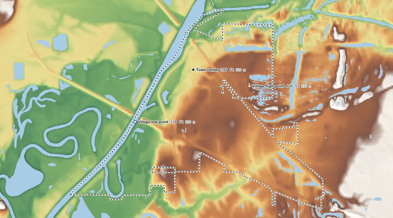 Topographic elevation map of New Athens, Illinois, shaded from 370 ft on the southwest side to 440 ft on the east side