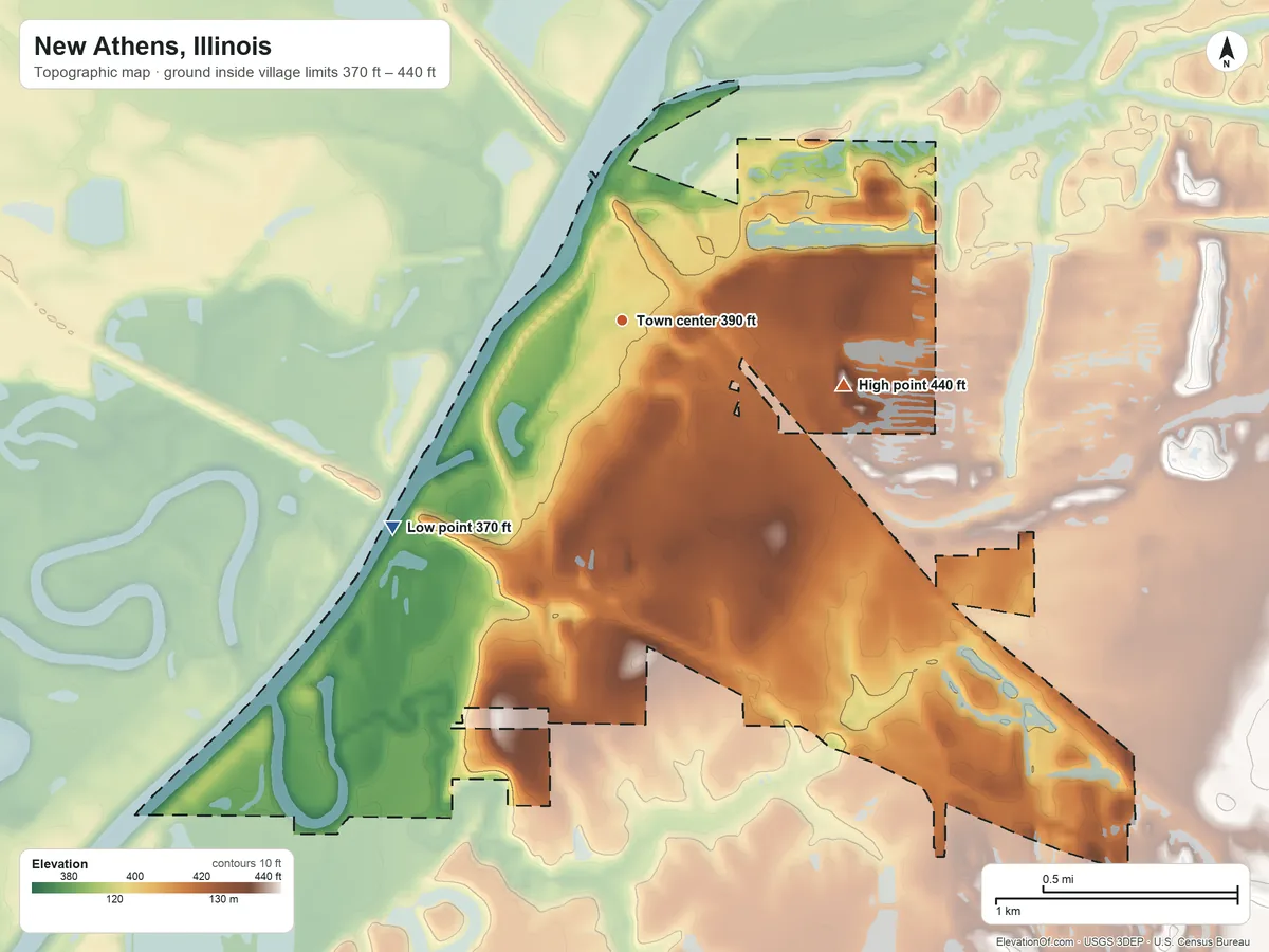 Topographic elevation map of New Athens, Illinois, shaded from 370 ft on the southwest side to 440 ft on the east side