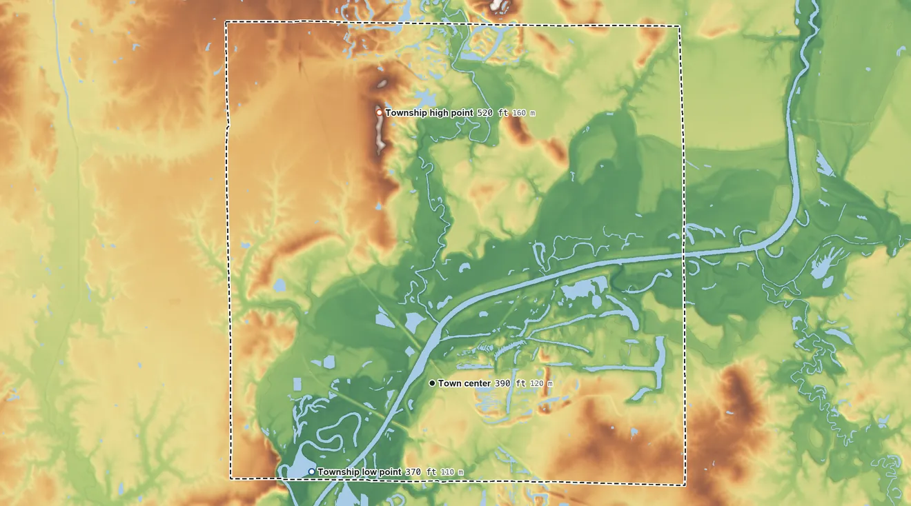 Topographic elevation map of New Athens Township, Illinois, shaded from 370 ft on the southwest side to 520 ft on the north side