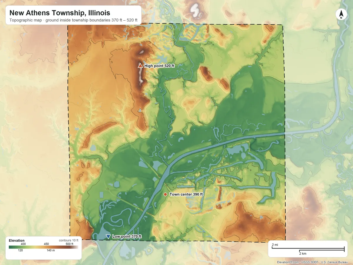 Topographic elevation map of New Athens Township, Illinois, shaded from 370 ft on the southwest side to 520 ft on the north side